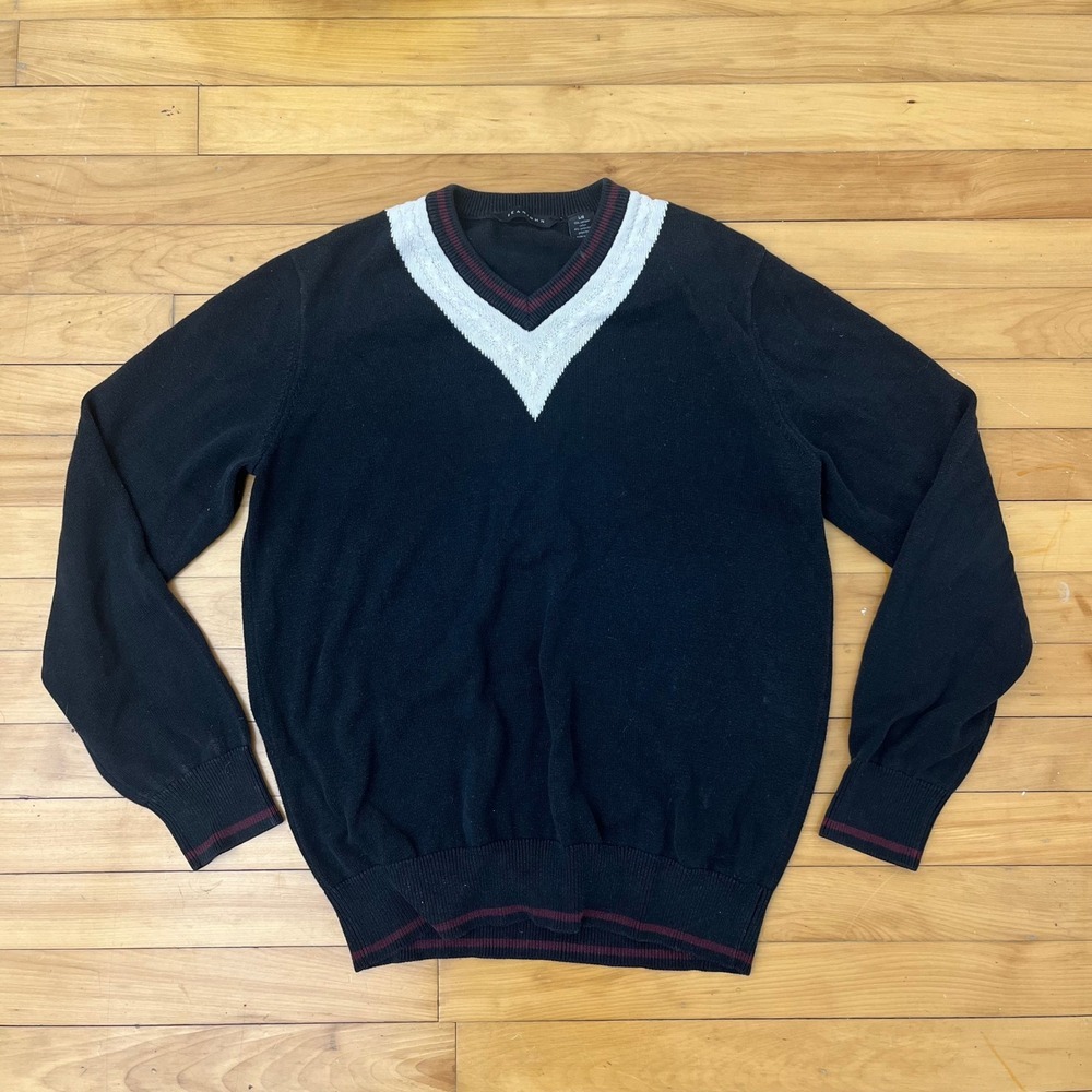 Sean John Mens V-Neck Sweater Black White Chevron Trim Cotton Blend Large L/G